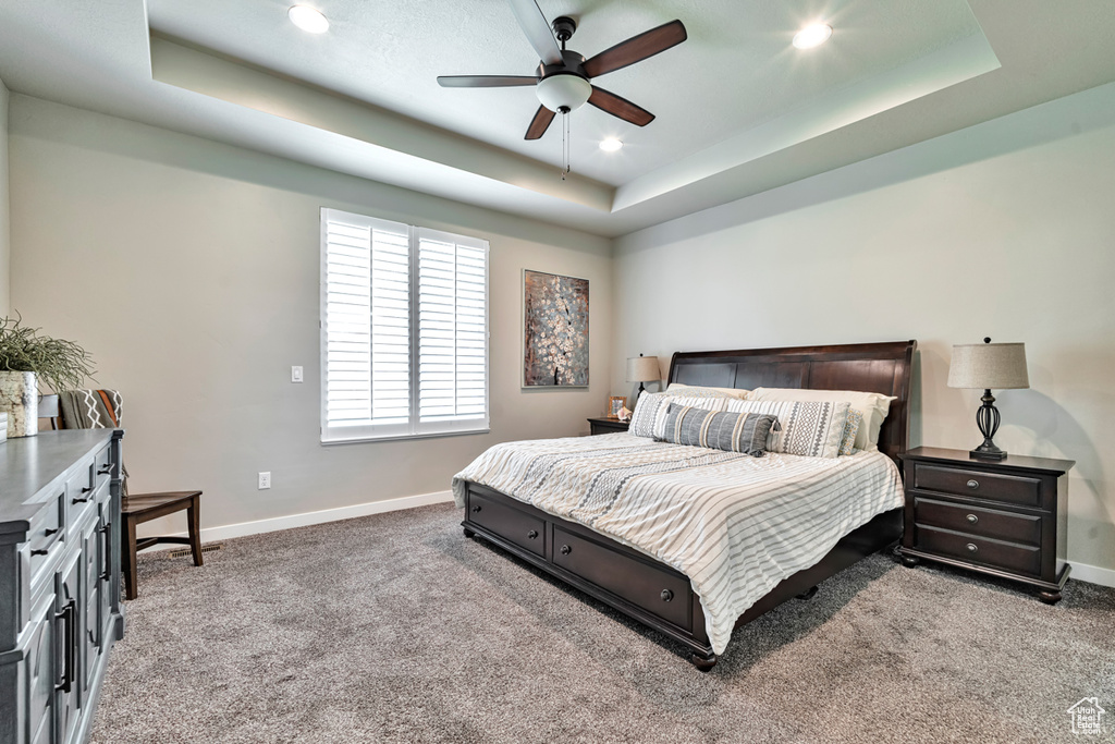 Carpeted bedroom with a tray ceiling and ceiling fan