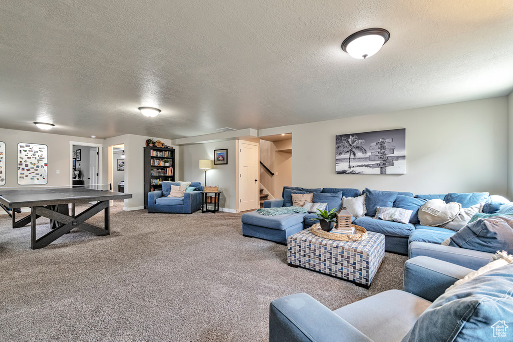 Living room featuring carpet and a textured ceiling