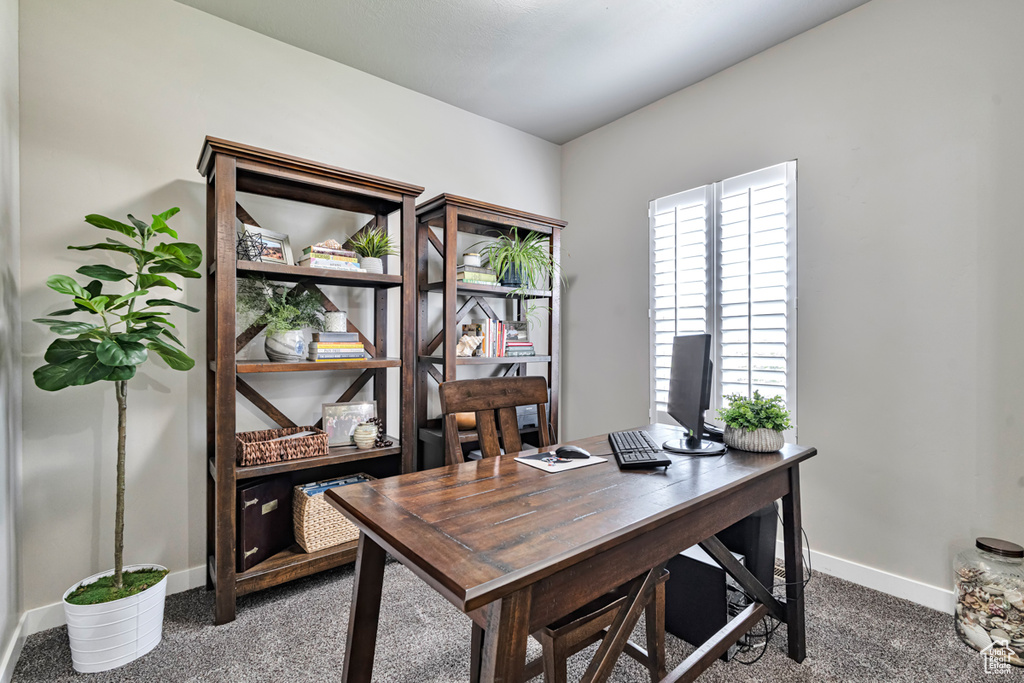 View of carpeted home office