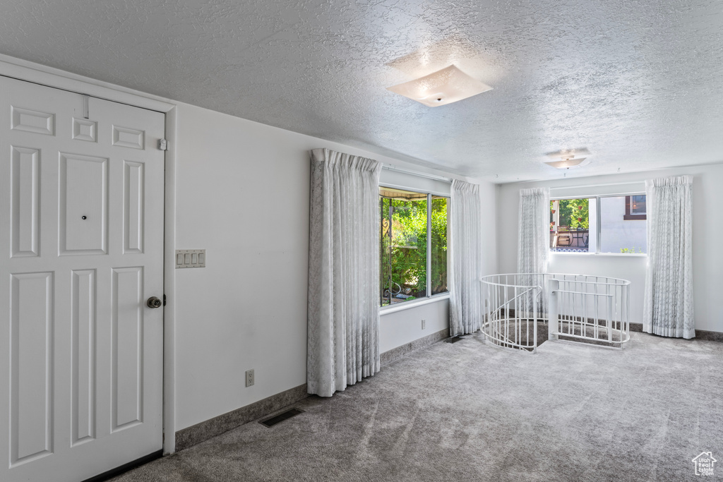 Spare room featuring carpet and a textured ceiling