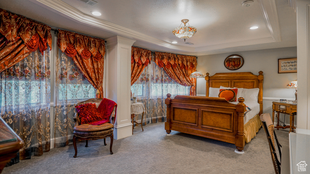 Bedroom with a raised ceiling and carpet flooring