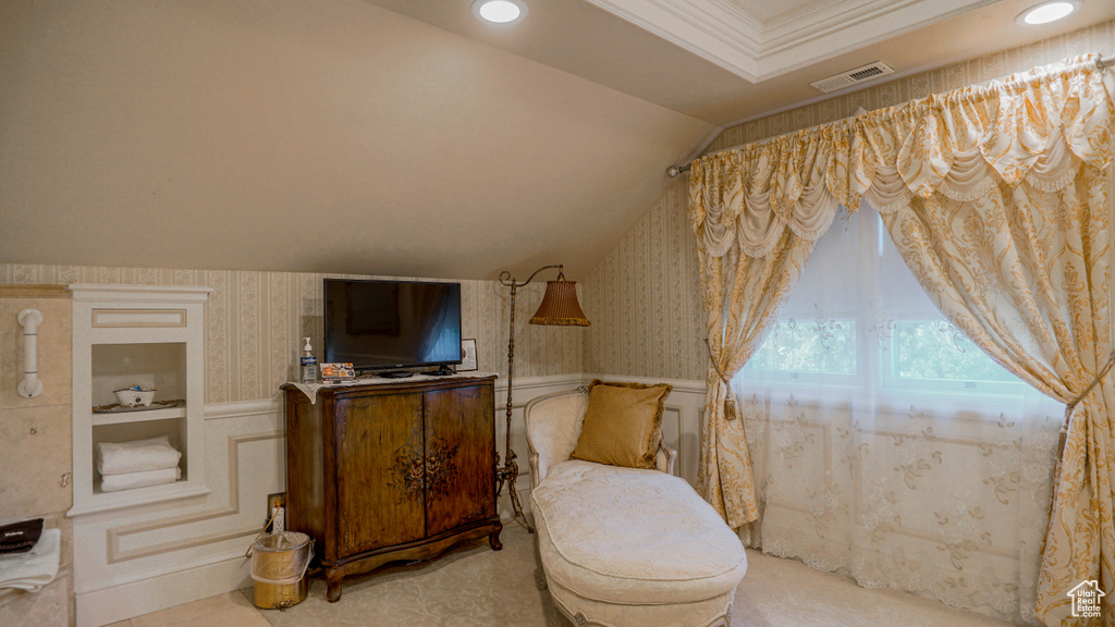 Living area with vaulted ceiling and built in shelves