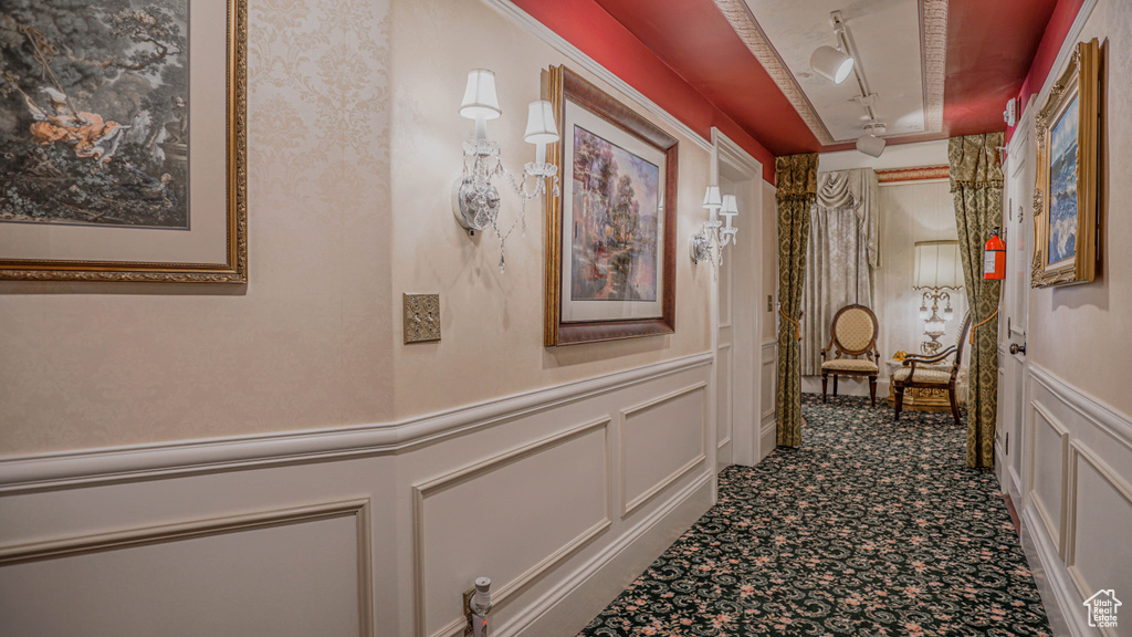 Hall featuring track lighting and carpet floors