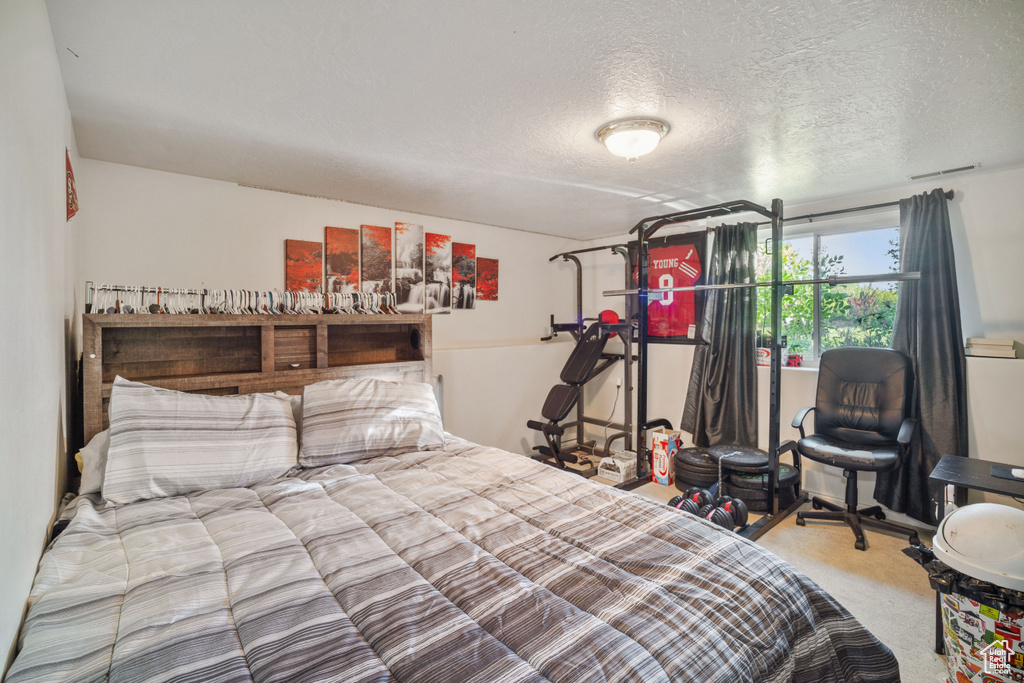 Bedroom featuring carpet and a textured ceiling