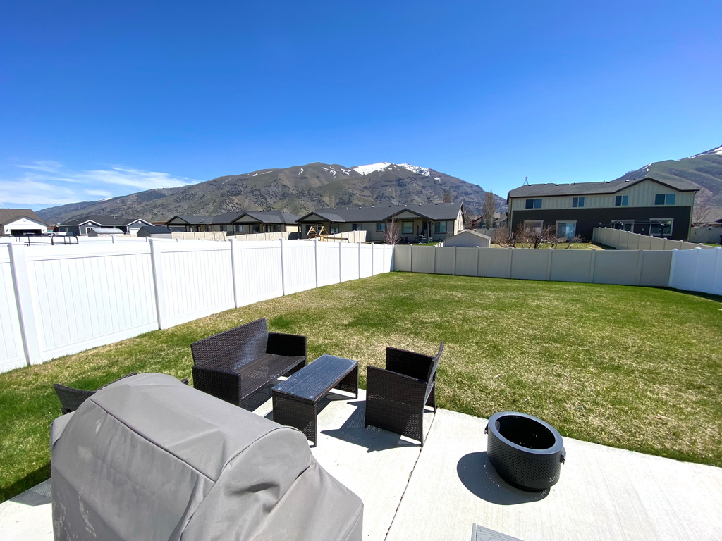 View of patio featuring a mountain view