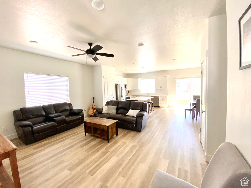 Living room featuring ceiling fan, sink, and light hardwood / wood-style floors