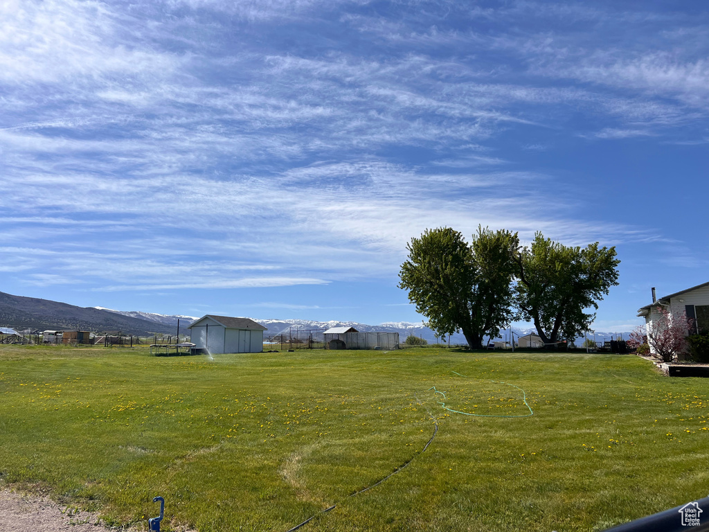 View of yard featuring a mountain view and a storage shed