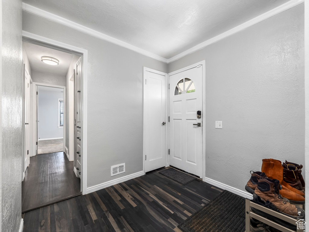 Foyer with dark hardwood / wood-style flooring