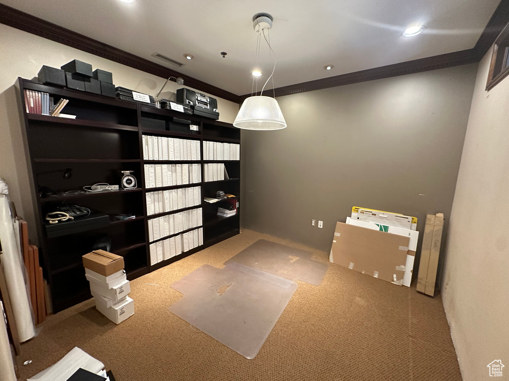 Interior space featuring crown molding and carpet