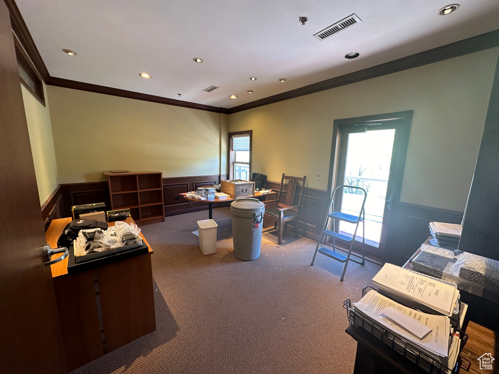 Interior space with a healthy amount of sunlight, carpet flooring, and crown molding