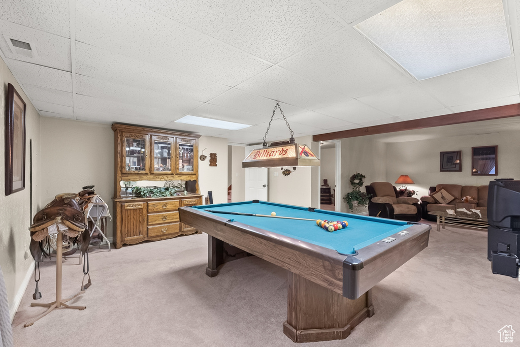 Recreation room featuring carpet floors, a drop ceiling, and pool table