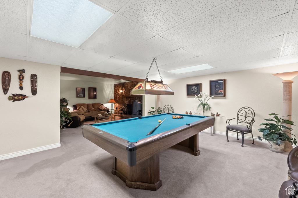 Rec room with carpet flooring, a drop ceiling, and billiards