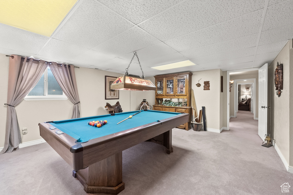 Recreation room featuring pool table, a paneled ceiling, and carpet