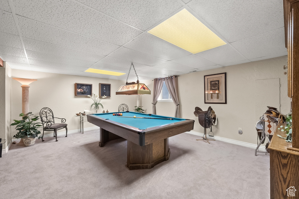 Rec room with a drop ceiling, pool table, and carpet