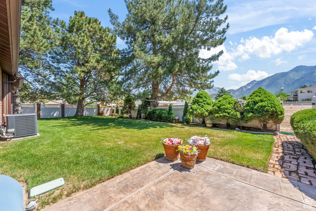 View of yard with a patio, cooling unit, and a mountain view