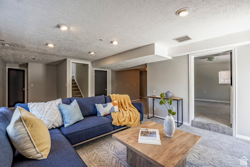 Living room featuring a textured ceiling and carpet floors