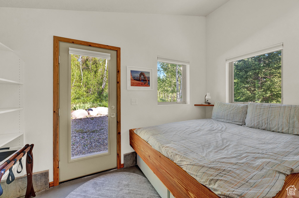 Bedroom with lofted ceiling, carpet, and multiple windows