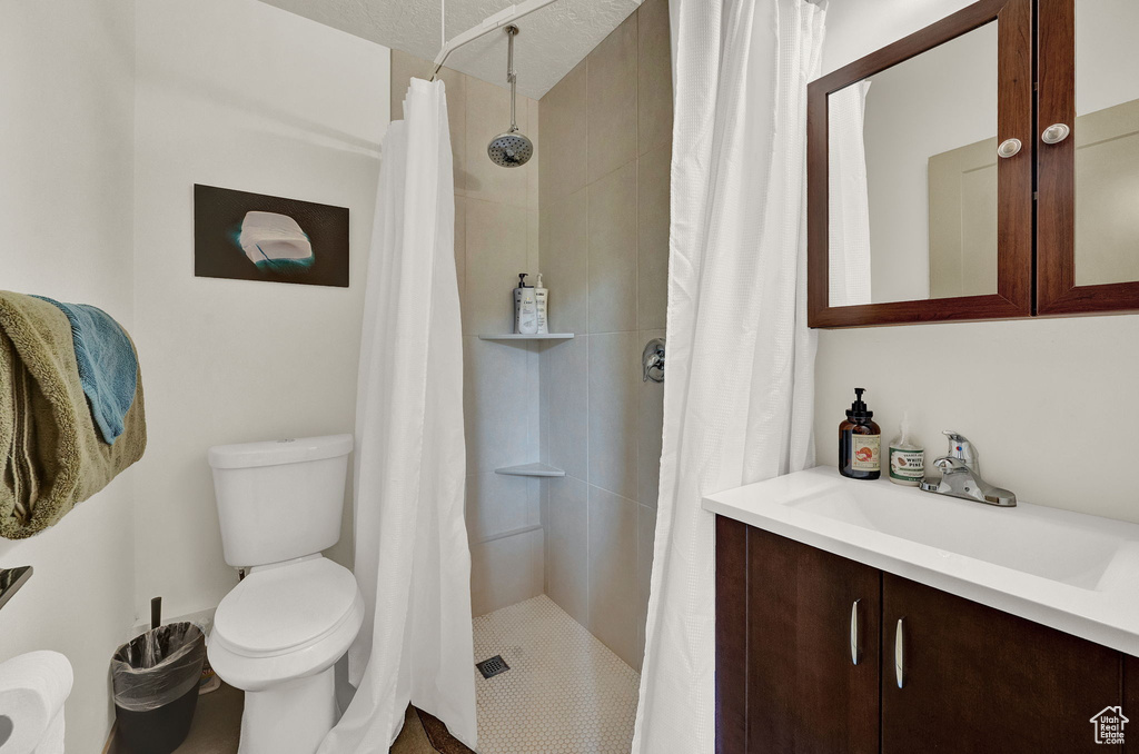 Bathroom featuring curtained shower, vanity, and toilet