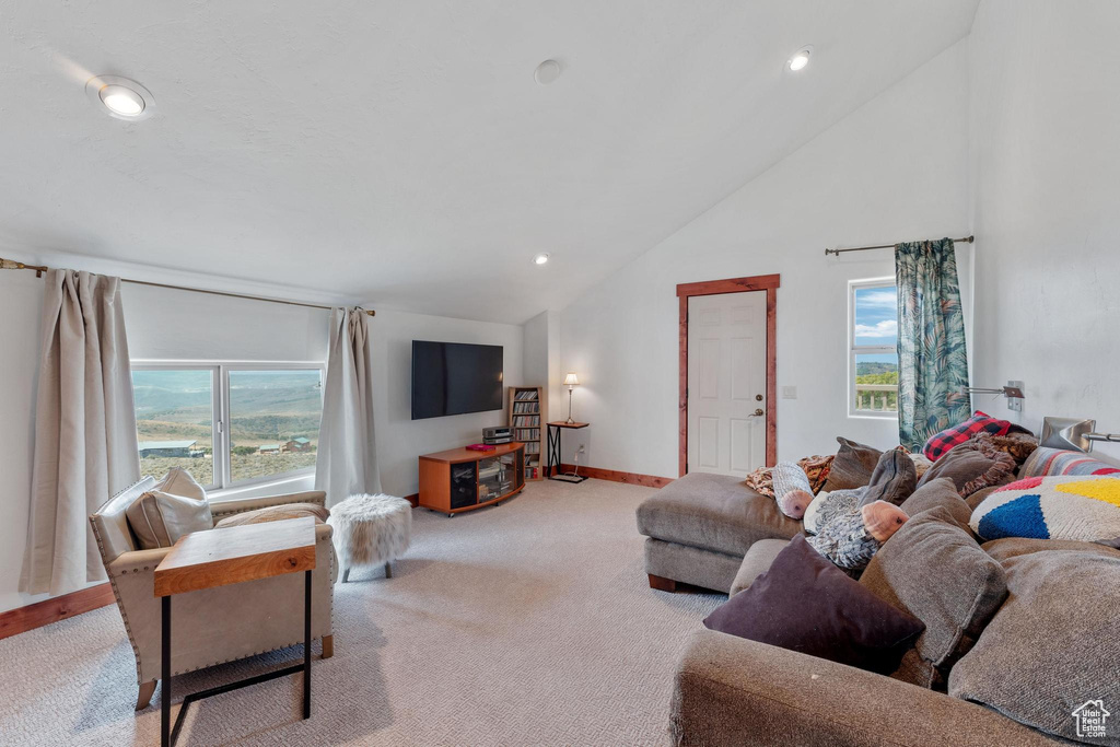 Carpeted living room featuring high vaulted ceiling