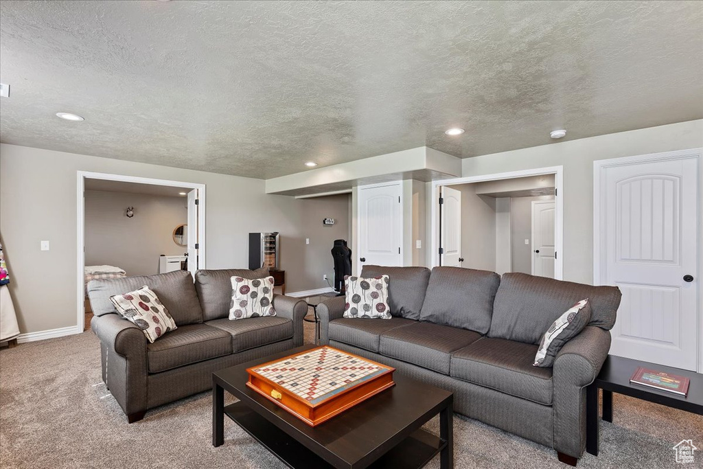 Carpeted living room with a textured ceiling