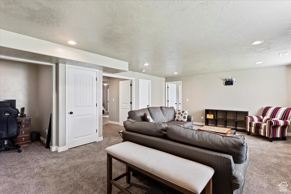 Carpeted living room featuring a textured ceiling