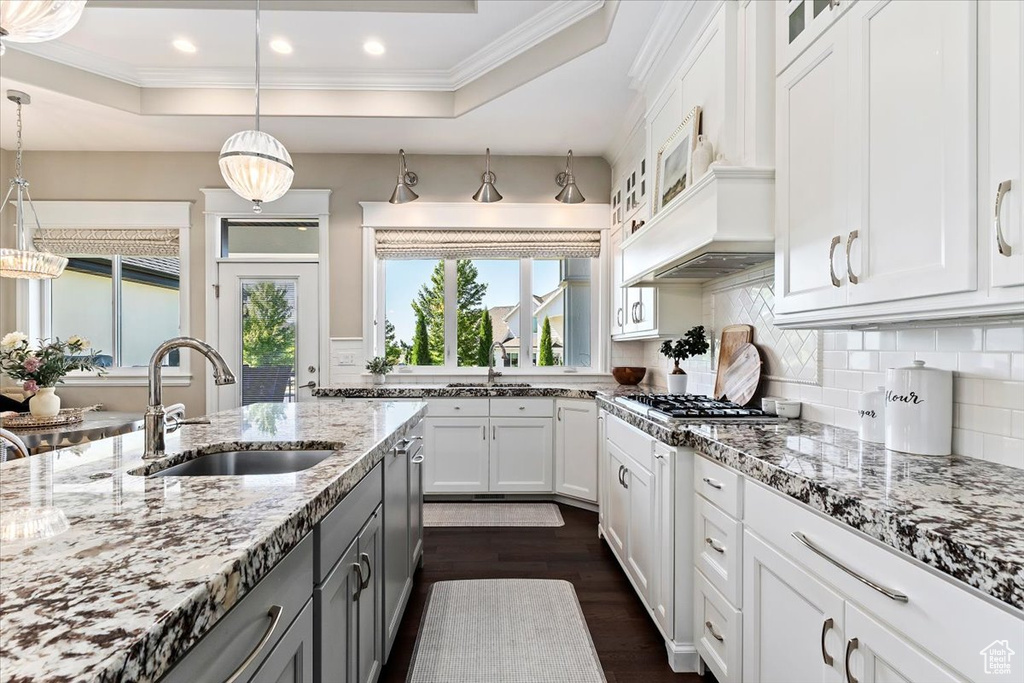 Kitchen featuring hanging light fixtures, dark wood-type flooring, sink, tasteful backsplash, and a raised ceiling