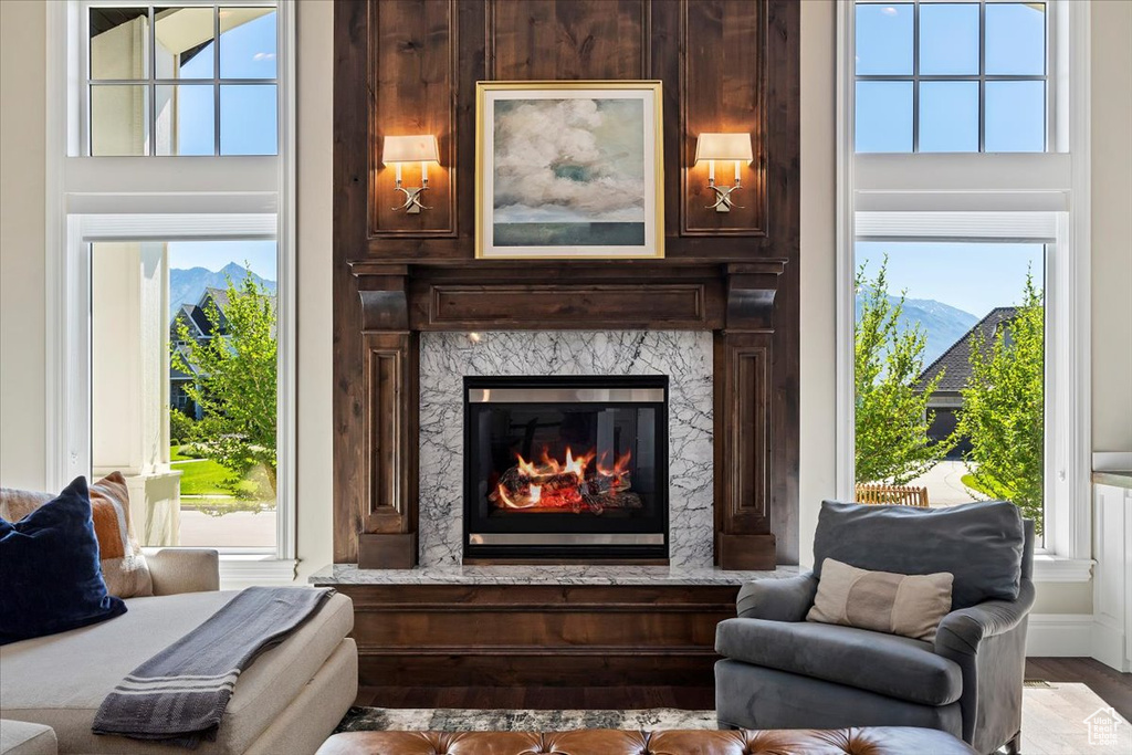 Living room with wood-type flooring, a mountain view, and a high end fireplace