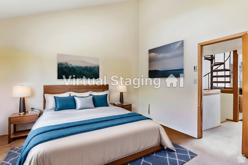 Carpeted bedroom featuring a towering ceiling