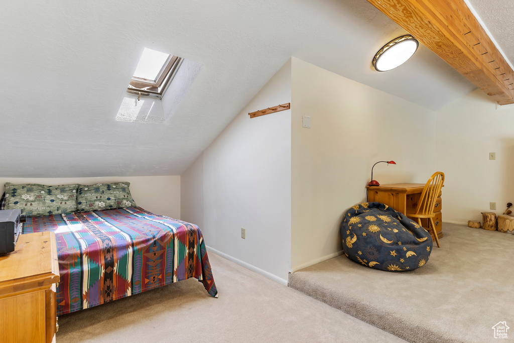 Carpeted bedroom with vaulted ceiling with skylight