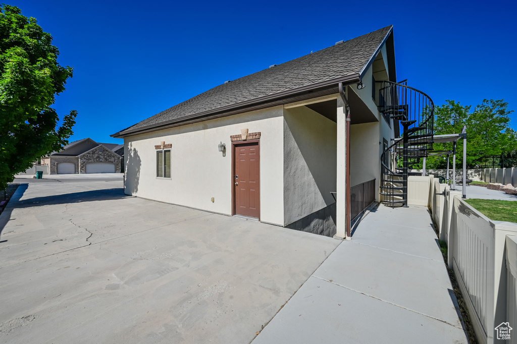 Exterior space featuring a garage