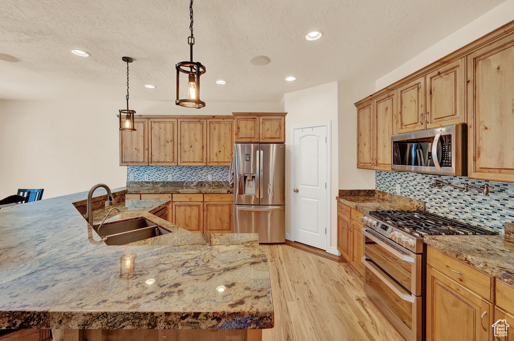 Kitchen featuring light hardwood / wood-style floors, sink, backsplash, and stainless steel appliances