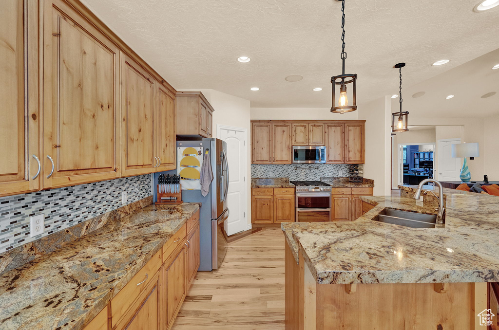 Kitchen with light hardwood / wood-style floors, backsplash, hanging light fixtures, sink, and appliances with stainless steel finishes