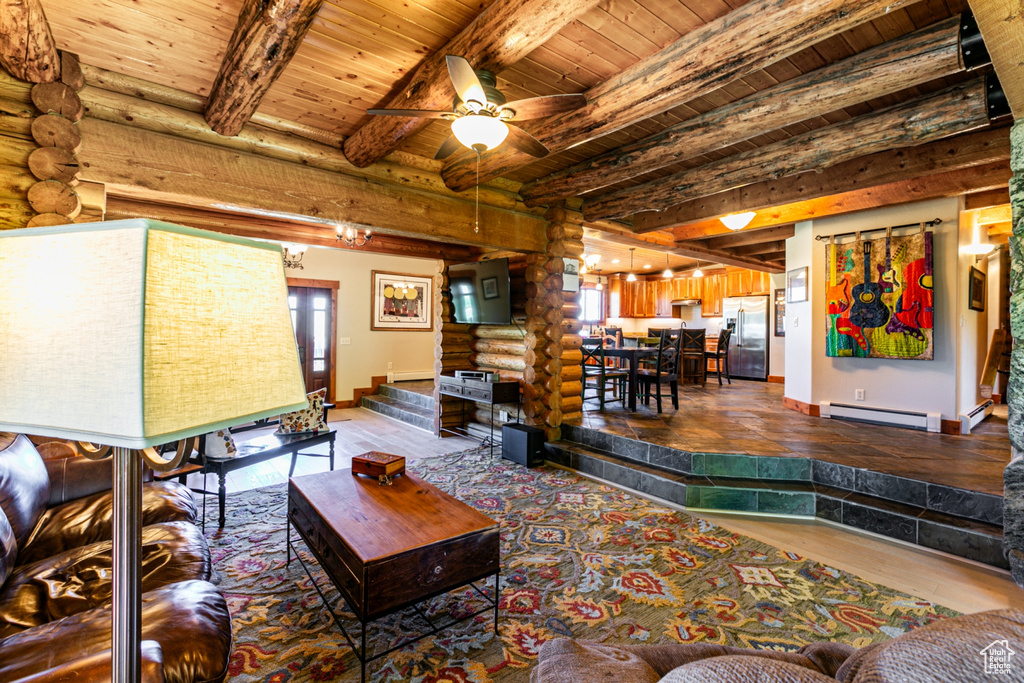 Living room with ceiling fan, beam ceiling, wood ceiling, log walls, and a baseboard radiator