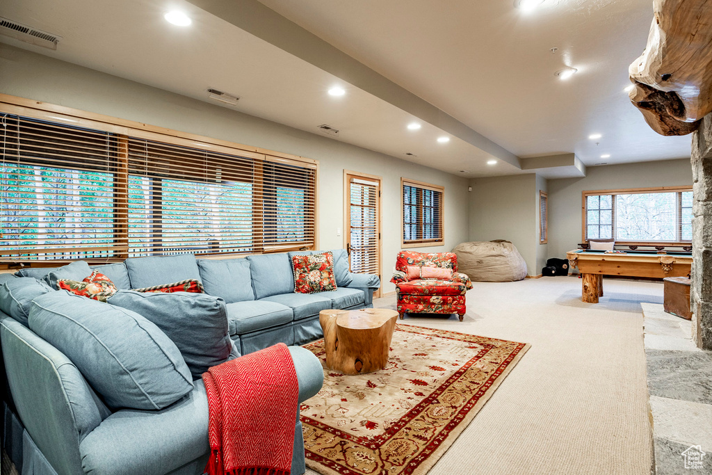 Living room featuring billiards and carpet floors