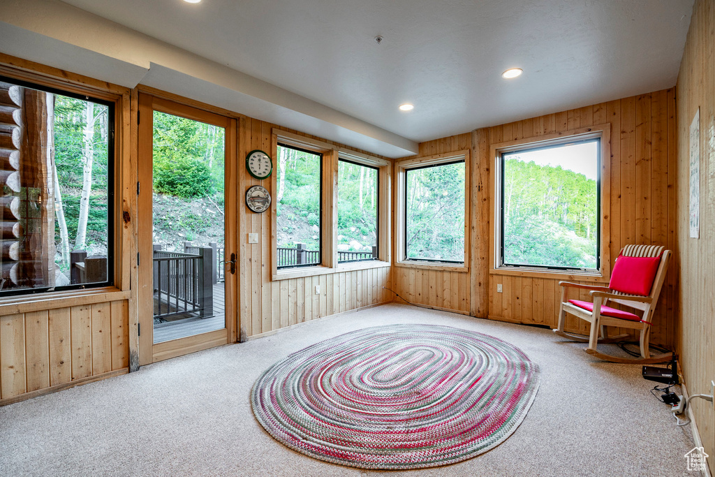 Living area with a wealth of natural light, wooden walls, and carpet floors