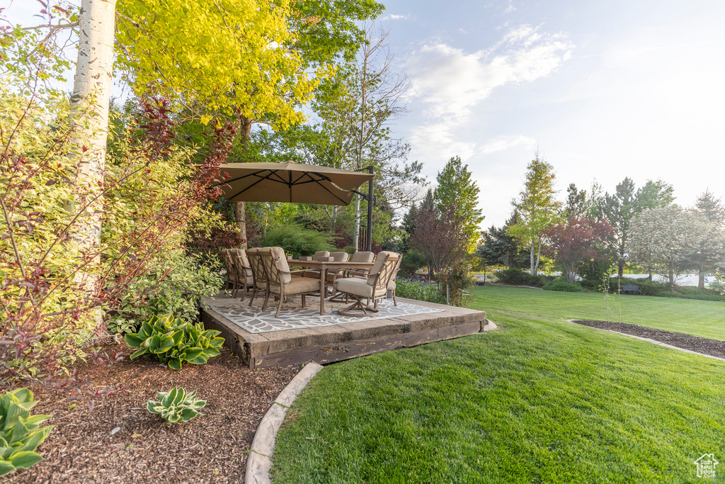 View of grassy yard with a patio area