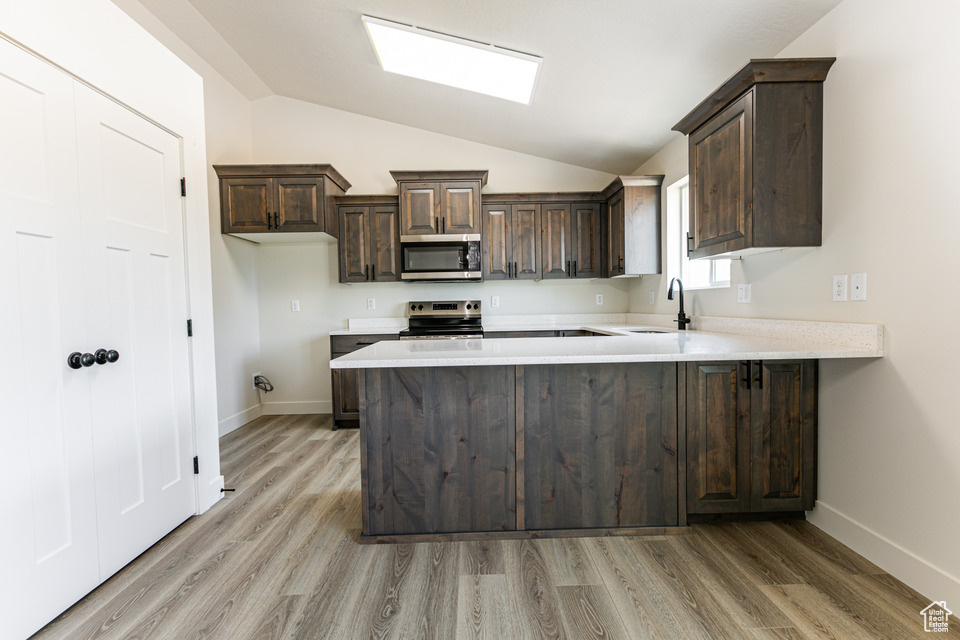 Kitchen featuring dark brown cabinetry, light hardwood / wood-style flooring, lofted ceiling with skylight, and stainless steel appliances