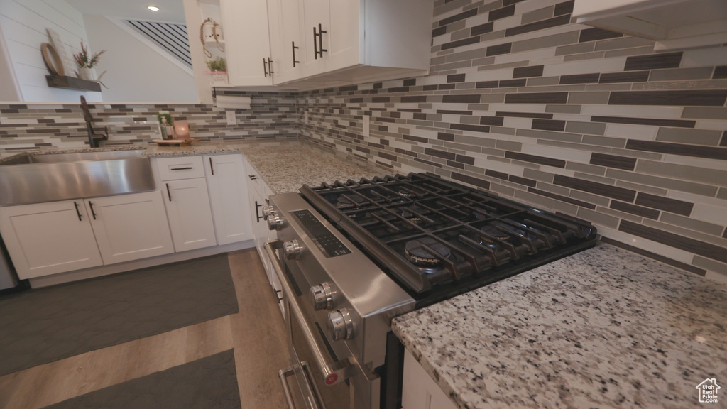 Kitchen with white cabinetry, light stone counters, backsplash, stainless steel range, and sink