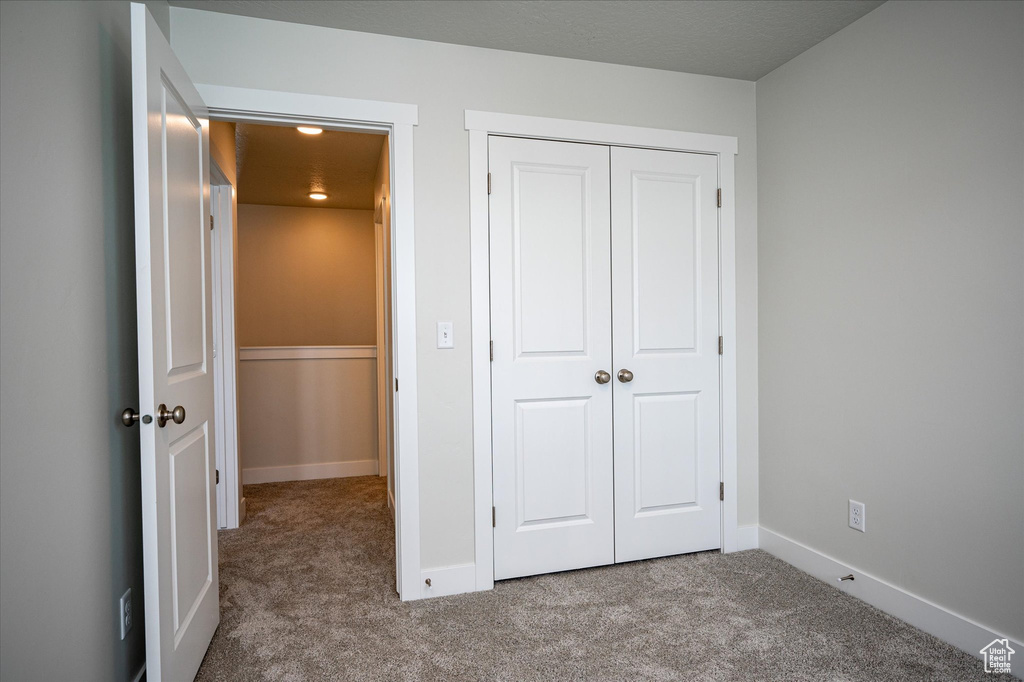 Unfurnished bedroom featuring carpet flooring and a closet