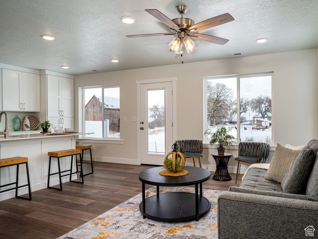 Living room with ceiling fan, a textured ceiling, sink, and dark wood-type flooring