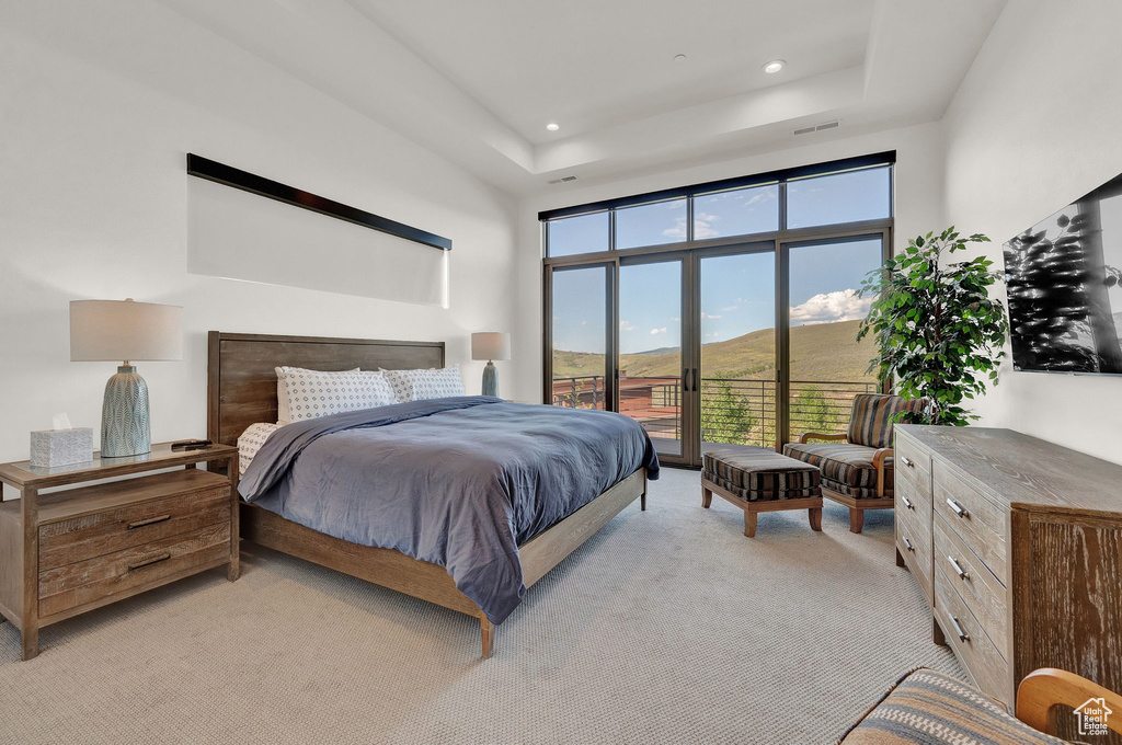 Carpeted bedroom featuring a raised ceiling and access to outside