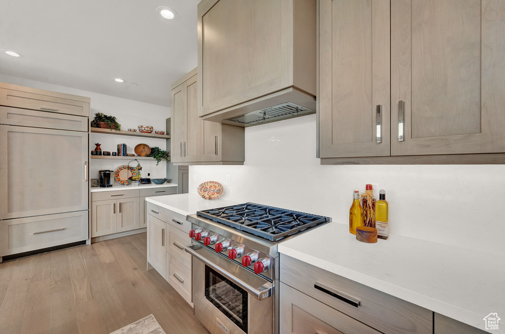 Kitchen with premium appliances, light wood-type flooring, and custom range hood