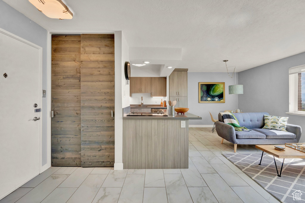 Kitchen with kitchen peninsula and light brown cabinets