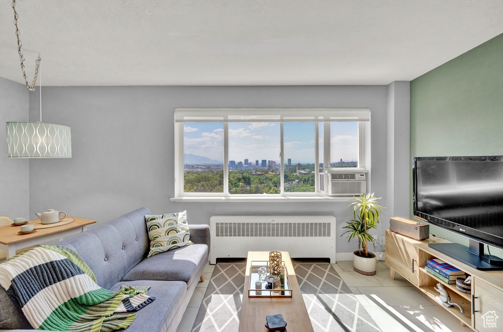 Living room featuring radiator and cooling unit