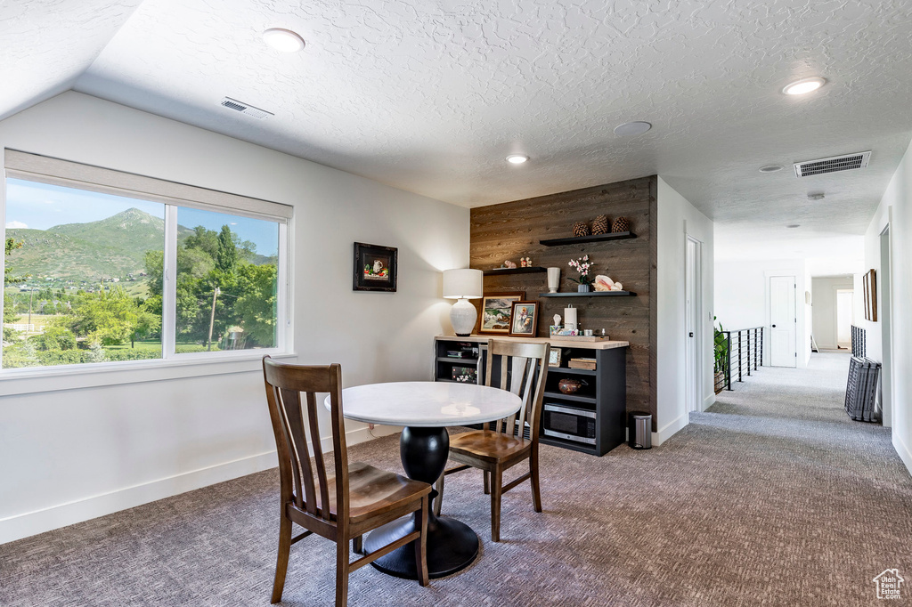 Carpeted dining area with wooden walls and a textured ceiling