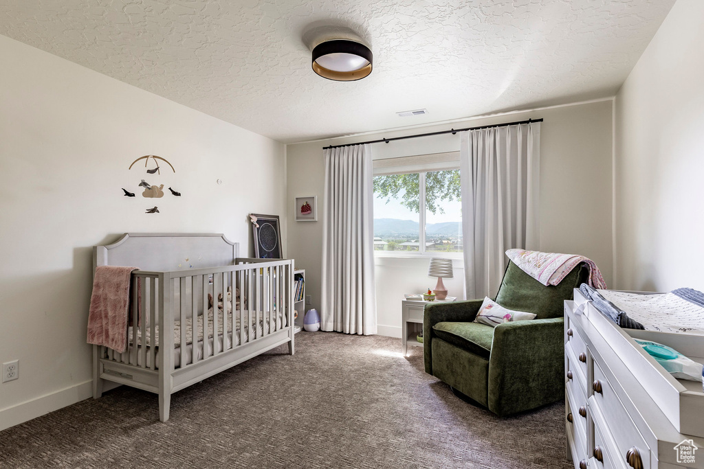 Bedroom featuring dark colored carpet, a textured ceiling, and a crib