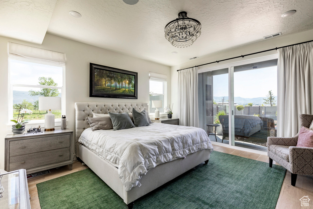 Bedroom featuring access to outside, a textured ceiling, multiple windows, and hardwood / wood-style floors