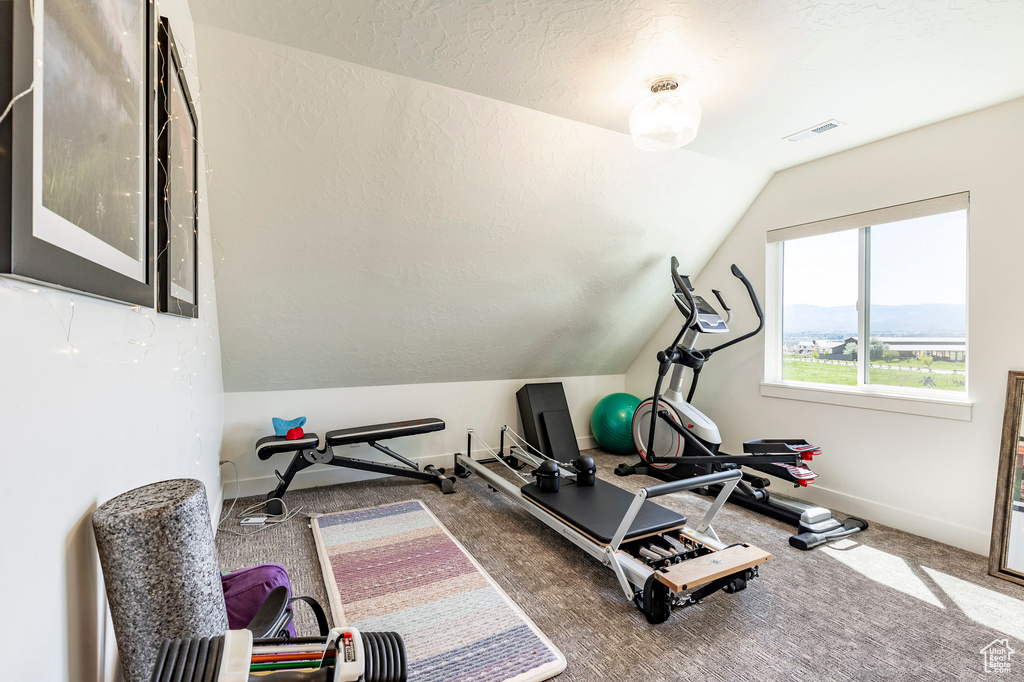 Workout room with vaulted ceiling, carpet, and a mountain view