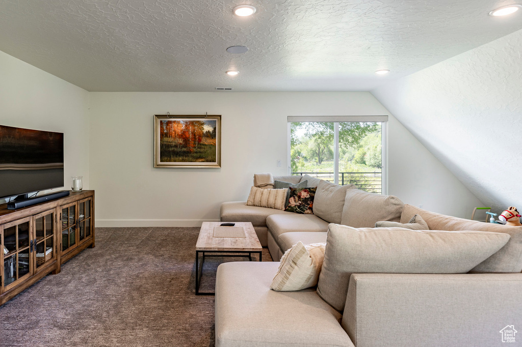 Carpeted living room featuring a textured ceiling and lofted ceiling