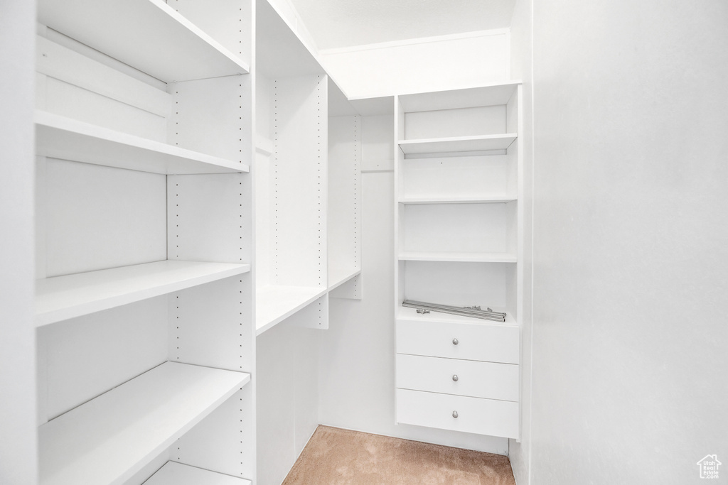 Spacious closet with light colored carpet